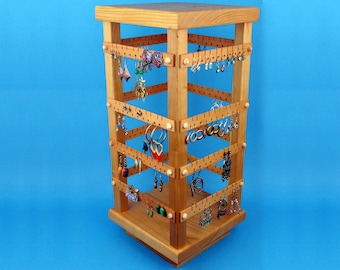 Earring Holder, Cherry, Jewelry Organizer, 4 Sided Spinning Store Jewelry Display with Revolving Base. Holds 160 pairs. Jewelry Holder