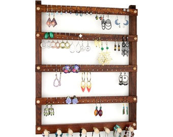Caribbean Rosewood Hanging Jewelry Display | Wall Mount Earrings Holder, Holds 72 pairs of Earrings | 8 Pegs for Necklaces. Last ones!