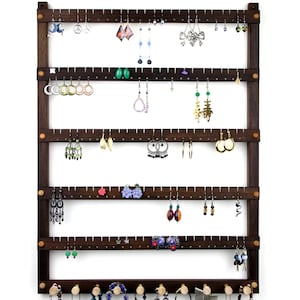 120 Pair Earring Holder with 10 Peg Necklace Bar, Wall Mount Peruvian Walnut Wood Jewelry Holder - Jewelry Display and Earring Holder
