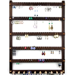 120 Pair Earring Holder with 10 Peg Necklace Bar, Wall Mount Peruvian Walnut Wood Jewelry Holder - Jewelry Display and Earring Holder