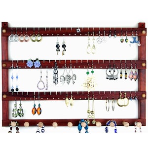 Jewelry Display - Earring Organizer, Hanging, Bloodwood, Wooden. Holds 72 pairs plus 10 peg Necklace Holder.  Wall Mounted Jewelry Holder