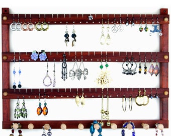 Jewelry Display - Earring Organizer, Hanging, Bloodwood, Wooden. Holds 72 pairs plus 10 peg Necklace Holder.  Wall Mounted Jewelry Holder