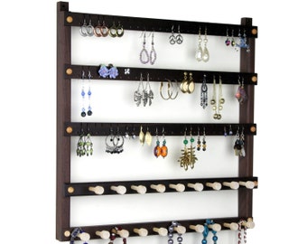 Jewelry Organizer - Peruvian Walnut Earring Holder, Wall Mount, Wooden, 2 Necklace Bars. 72 pairs of Earrings, 19 pegs. Jewelry Holder