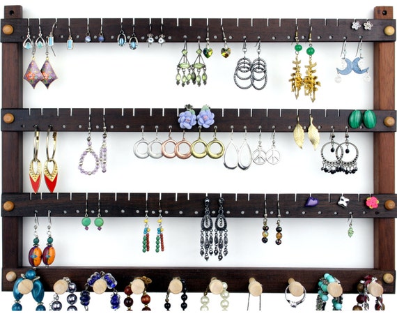 Wall Mount Earring Holder Jewelry Organizer, Peruvian Walnut Jewelry  Display. 72 Pair Hardwood Hanging Earring Display With 10 Pegs 