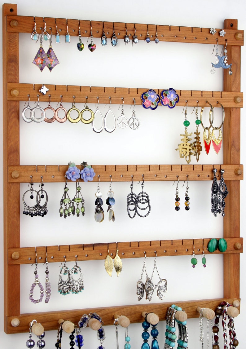 Wood Cherry Earring and Necklace Wall Organizer Earring Holder Jewelry Holder Holds 72 pairs of Earrings 8 pegs Jewelry Organizer image 5