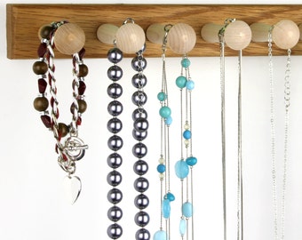 15" Wide Wall Mount Oak Necklace Holder | 10 Peg Wood Shaker Peg Jewelry Holder Bar | Hanging Necklace Storage | Bracelet Storage Rack