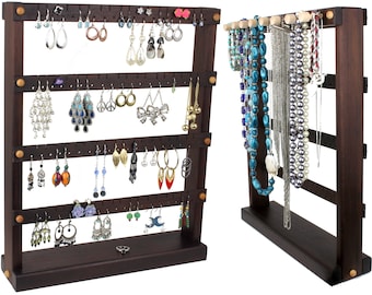 Peruvian Walnut Jewelry Organizer - Earring Holder Stand, Dark Brown Wood, Necklace Organizer. Holds 72 pairs, 8 pegs. Jewelry Display