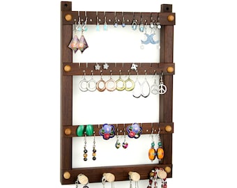 Peruvian Walnut Wooden Wall Mount Jewelry Organizer | Jewelry Holder| Dark | Hanging | Holds 30 Pairs of Earrings with 4 Necklace Pegs