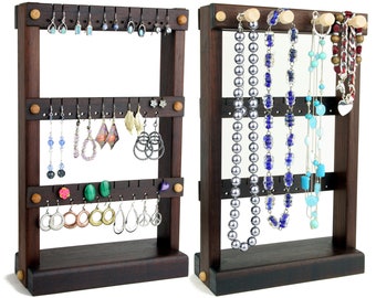 Jewelry Holder Stand, Earring Holder, Wood, Peruvian Walnut, Plus Necklace Holder. Holds up to 30 pairs, 4 pegs. Jewelry Display - Organizer