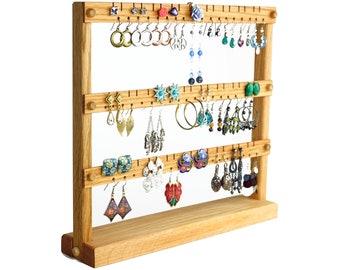 Oak Wood Earring Holder for up to 54 pairs of Earrings - Jewelry Display Stand.  This Jewelry Holder Holds 54 Pairs of Earrings