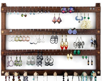 Black Walnut wood Jewelry Holder - Wall Mount Earring Holder, Hanging, Holds 72 pairs plus 10 peg Necklace Holder.  Jewelry Organizer