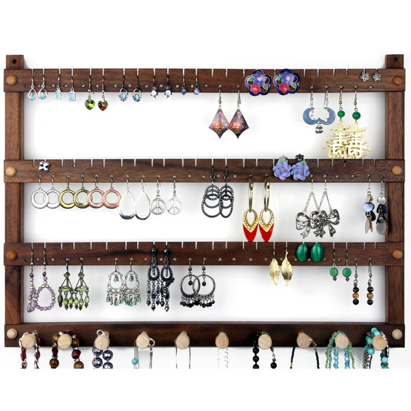 Porte-bijoux - Support de boucle d'oreille mural, suspendu, bois de noyer noir. Contient 72 paires et 10 supports pour collier. Organisateur de bijoux