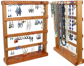 Soporte organizador de joyas de madera de cerezo, soporte para collares y pendientes