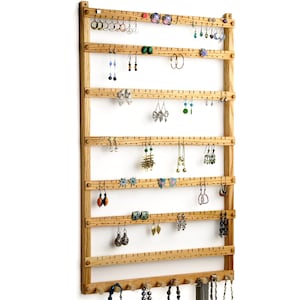 168 Pair Hanging Earring Holder - Jewelry Holder, Oak, Wood, Necklace Display. 10 pegs.  Wall Mounted, Hanging Jewelry Organizer