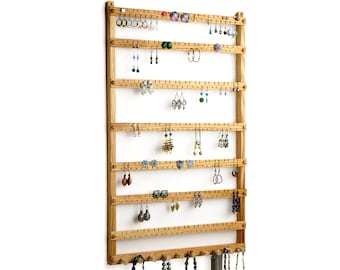 Oak wood 168 Pair Hanging Earring Holder - Jewelry Holder, Necklace Display. 10 pegs.  Wall Mounted, Hanging Jewelry Organizer
