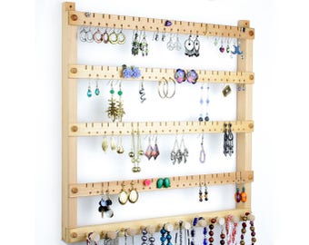 Basswood Wall Mount Jewelry Organizer | Earring Organizer | Holds 96 pairs of Earrings | 10 Peg Necklace Hanger | Hanging Jewelry Display