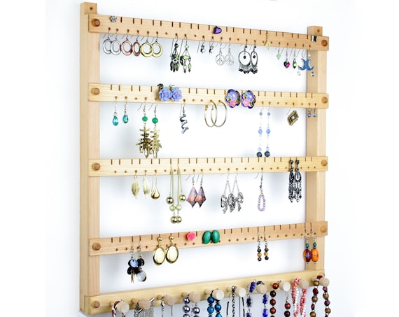Basswood Wall Mount Jewelry Organizer Earring Organizer Holds 96 Pairs of  Earrings 10 Peg Necklace Hanger Hanging Jewelry Display 