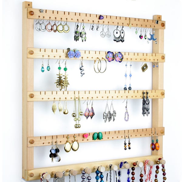 Basswood Wall Mount Jewelry Organizer | Earring Organizer | Holds 96 pairs of Earrings | 10 Peg Necklace Hanger | Hanging Jewelry Display