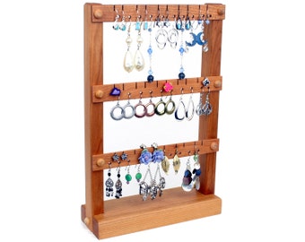 Cherry Wood Earring Holder Stand | Jewelry Organizer for 30 Pairs