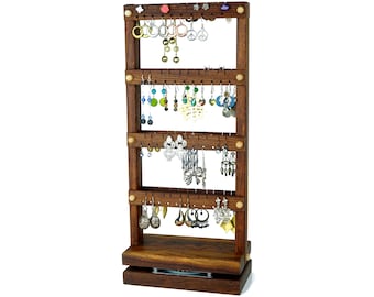 Spinning Double-Sided Earring Holder Stand - Rotating Jewelry Display, Caribbean Rosewood, Holds 80 pairs. Jewelry Holder - Earring Display