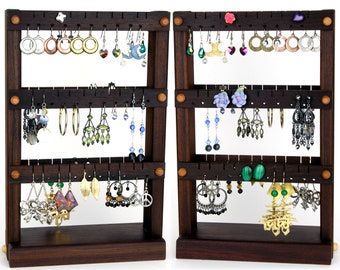 Double-Sided Earring Organizer Stand - Jewelry Holder, Peruvian Walnut, Wooden. Holds 60 pairs. Jewelry Display - Earring Holder