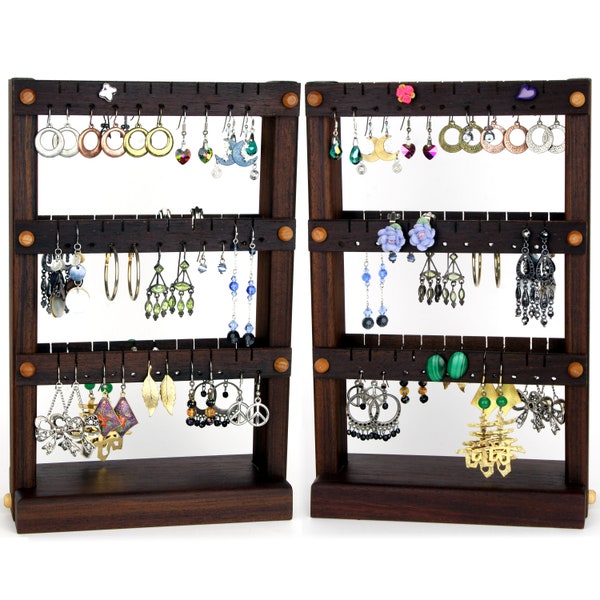 Double-Sided Earring Organizer Stand - Jewelry Holder, Peruvian Walnut, Wooden. Holds 60 pairs. Jewelry Display - Earring Holder