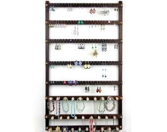 Extra-Large, Wooden, Peruvian Walnut Jewelry Display.  Holds 120 Pairs Plus 29 Pegs.  Wall Mount Earring Holder - Jewelry Holder.