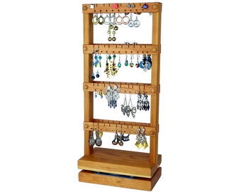 Spinning Double-Sided Earring Holder Stand - Rotating Jewelry Holder, Cherry, Wood, Holds 80 pairs. Jewelry Display - Earring Display