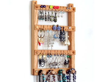 Small Oak Hanging Jewelry Organizer | Wood Wall Earring Holder | Wooden Hanging Jewelry Holder | Wall Mounted | 30 pairs | 4 pegs