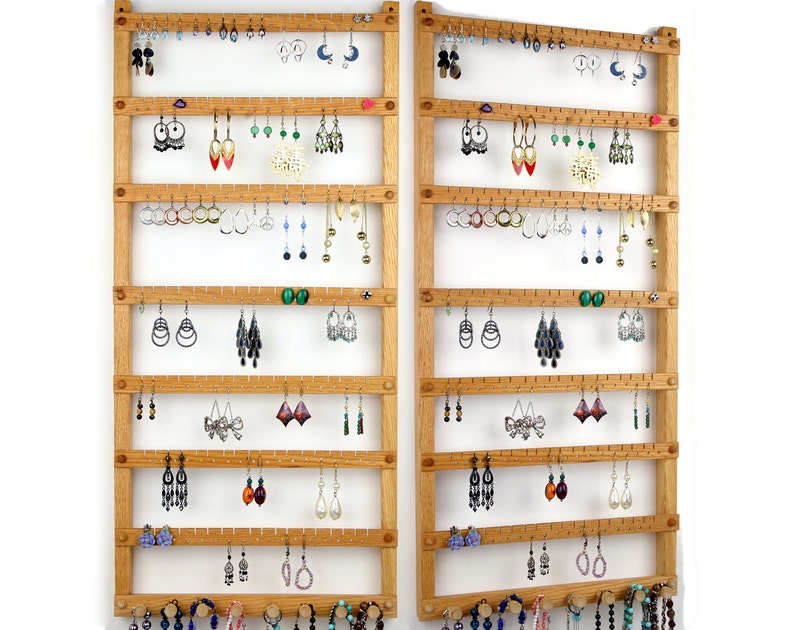 126 Pair Hanging Earring Holder Jewelry Organizer, Oak, Wood, Necklace Display. 8 pegs. Wall Mounted. Jewelry Holder image 1
