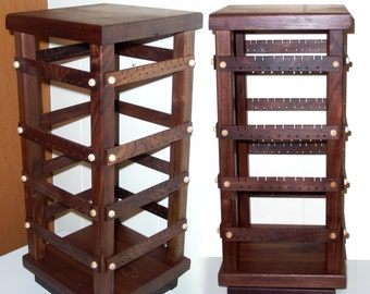 Jewelry Organizer - Jewelry Display - Earring Holder Stand, Wood, Spinning, Black Walnut, 4-Sided Display with Revolving Base. 160 pairs