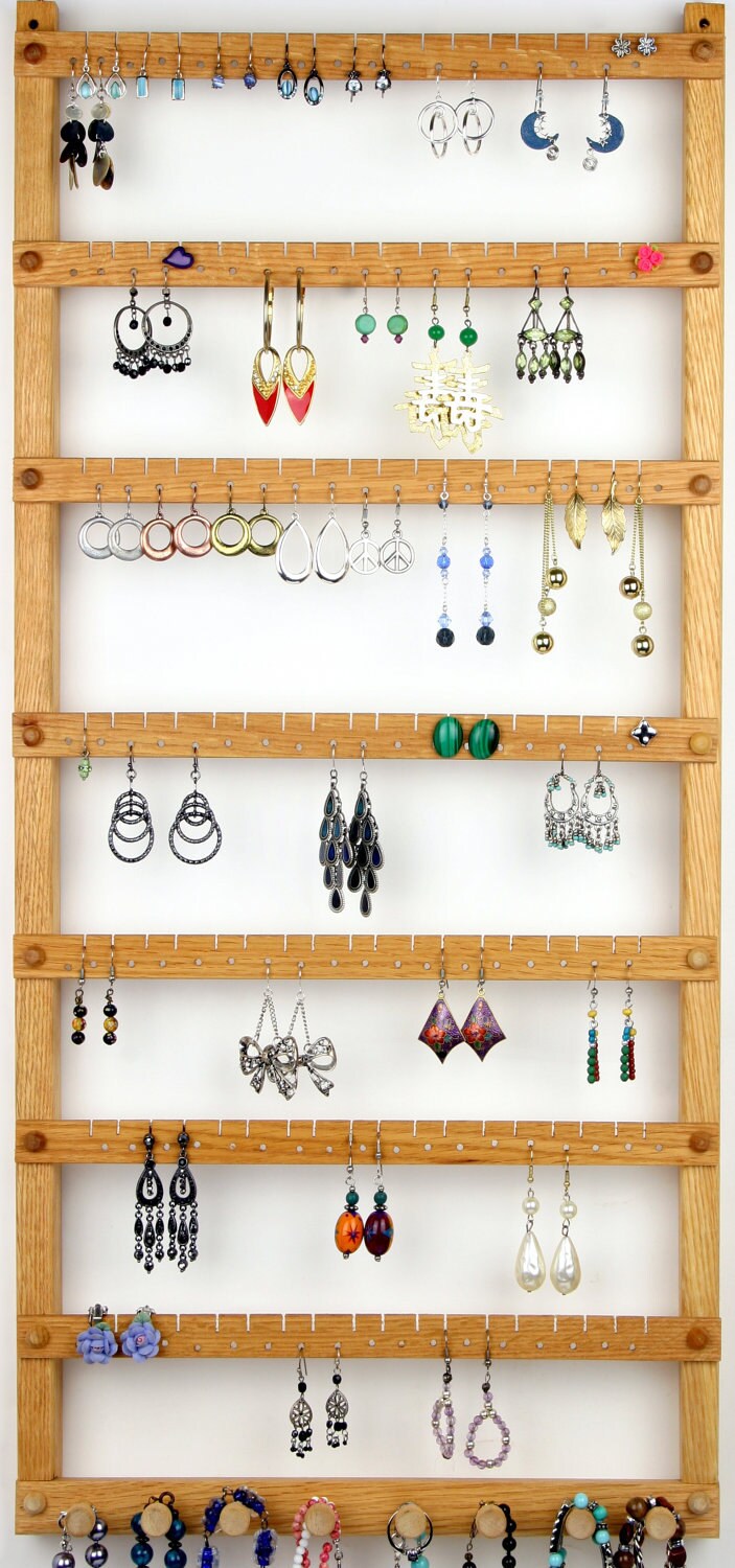 126 Pair Hanging Earring Holder Jewelry Organizer, Oak, Wood, Necklace  Display. 8 Pegs. Wall Mounted. Jewelry Holder 
