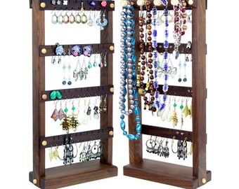 Black Walnut Jewelry Holder Stand with 40 Pair Earring Holder on Front and 4 Bar Necklace Holder on Back, Wooden