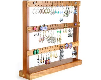 Earring Holder Stand - Jewelry Organizer Stand, Compact Cherry Jewelry Display, Wooden.  Holds 54 Pairs of Earrings. Jewelry Holder