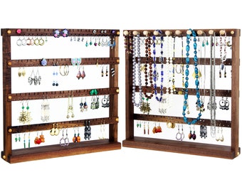 96 Pair Black Walnut Jewelry Holder Stand with Earring Holder on Front and Necklace Holder on Back. Holds up to 96 Pairs of Earrings