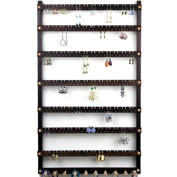 Organizador de joyas de montaje en pared de 168 pares: exhibición de joyas, nogal peruano, soporte para collares. 10 clavijas. Colgante. Sostenedor del pendiente