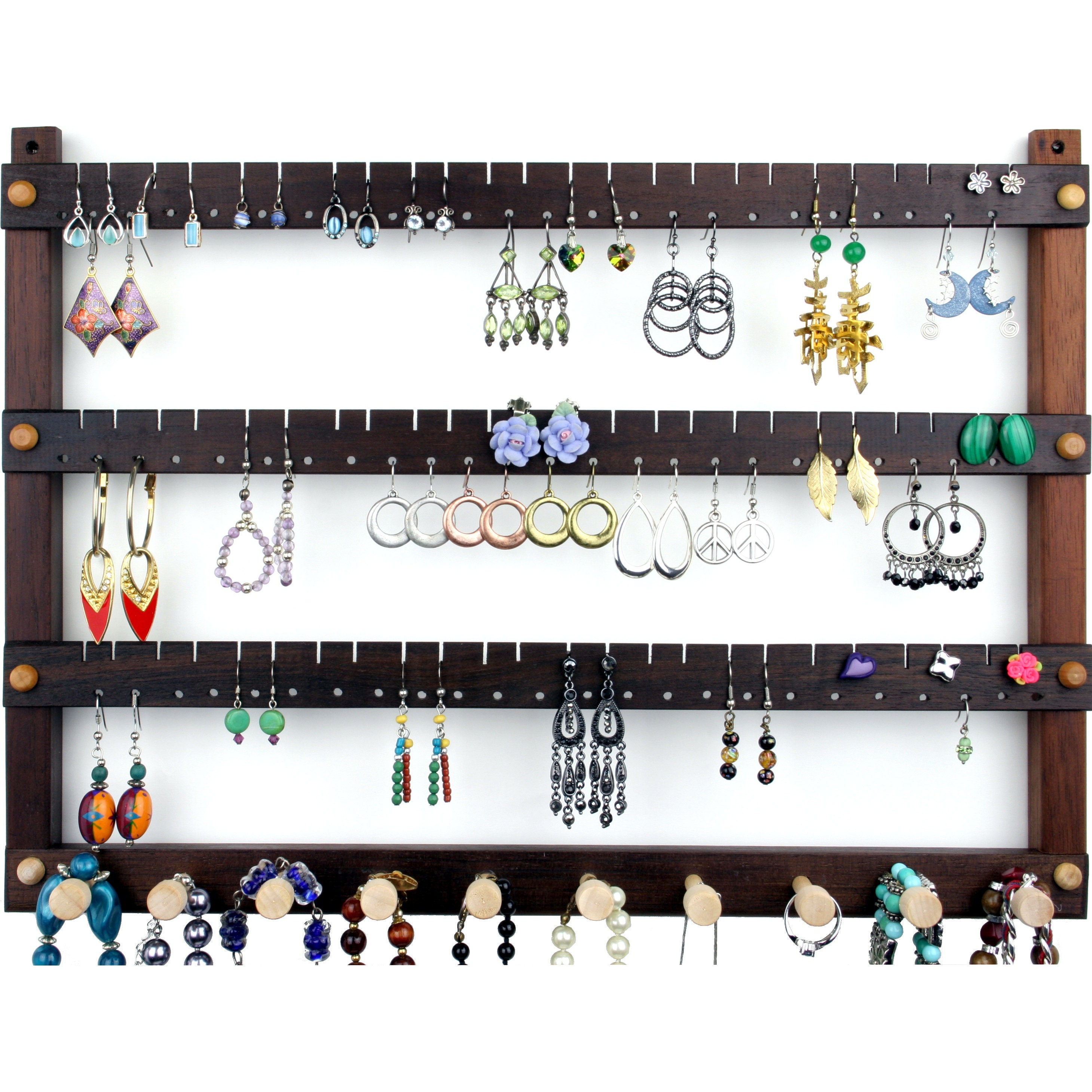 126 Pair Hanging Earring Holder Jewelry Organizer, Oak, Wood, Necklace  Display. 8 Pegs. Wall Mounted. Jewelry Holder 