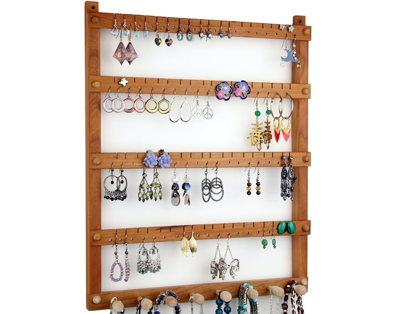 Wood Cherry Earring and Necklace Wall Organizer Earring Holder Jewelry Holder Holds 72 pairs of Earrings 8 pegs Jewelry Organizer image 1