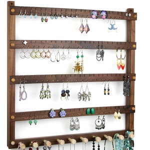 Black Walnut Earring Holder - Jewelry Organizer, Hanging, Wood. Holds 96 pairs plus 10 peg Necklace Holder.  Wall Mounted Jewelry Display