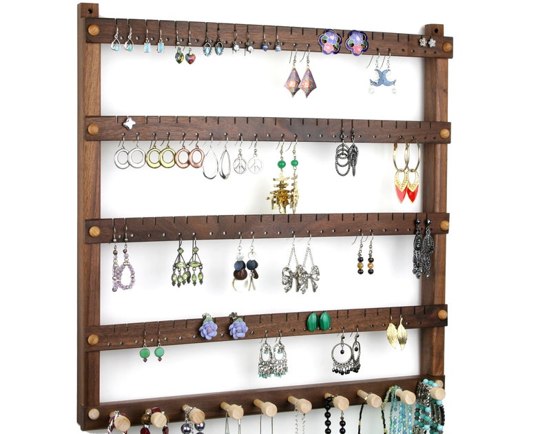 Black Walnut Earring Holder Jewelry Organizer, Hanging, Wood. Holds 96 pairs plus 10 peg Necklace Holder. Wall Mounted Jewelry Display image 1