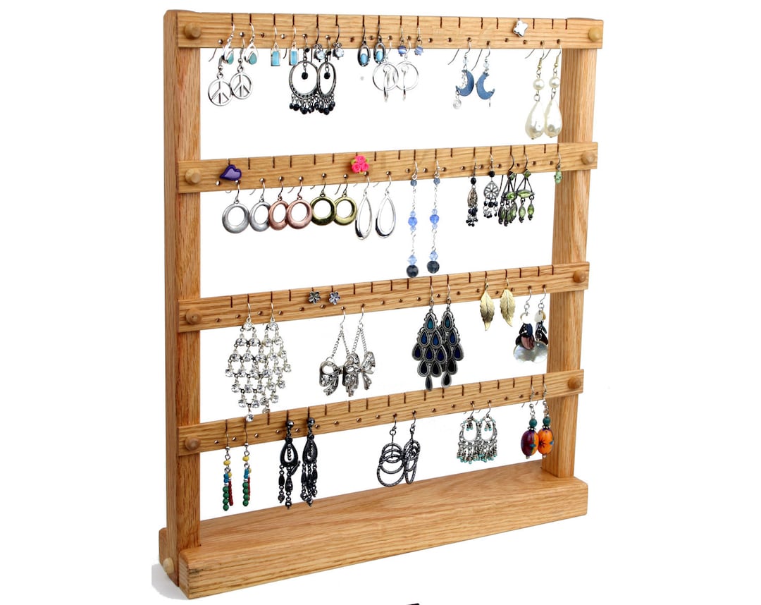Jewack Wooden Jewelry Organizer With 212 Holes - Earring Holder Stand For Studs & Hoops, Vintage Style