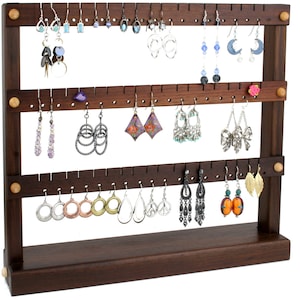 Earring Holder - Jewelry Organizer Stand, Compact Jewelry Display, Peruvian Walnut, Wood.  Holds 54 Pairs of Earrings. Jewelry Holder