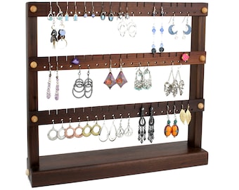 Earring Holder - Jewelry Organizer Stand, Compact Jewelry Display, Peruvian Walnut, Wood.  Holds 54 Pairs of Earrings. Jewelry Holder