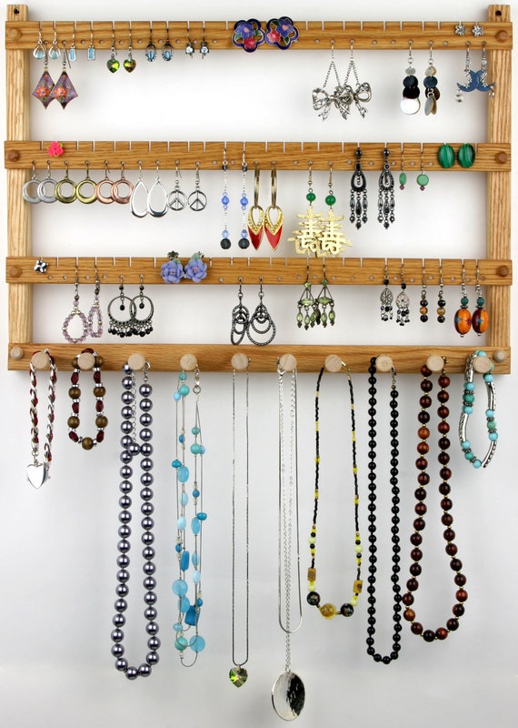 Exhibición de joyería de madera de montaje en pared de roble, soporte para  pendientes, ancho, soporte para collares. Tiene capacidad para 72 pares, 10  clavijas. Porta Joyas Porta Pendientes -  México