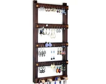Wall Mount Earring Orgainzer - Jewelry Holder, Peruvian Walnut, Black, Wooden, Necklace Holder. Holds 40 pairs, 4 pegs, Jewelry Display