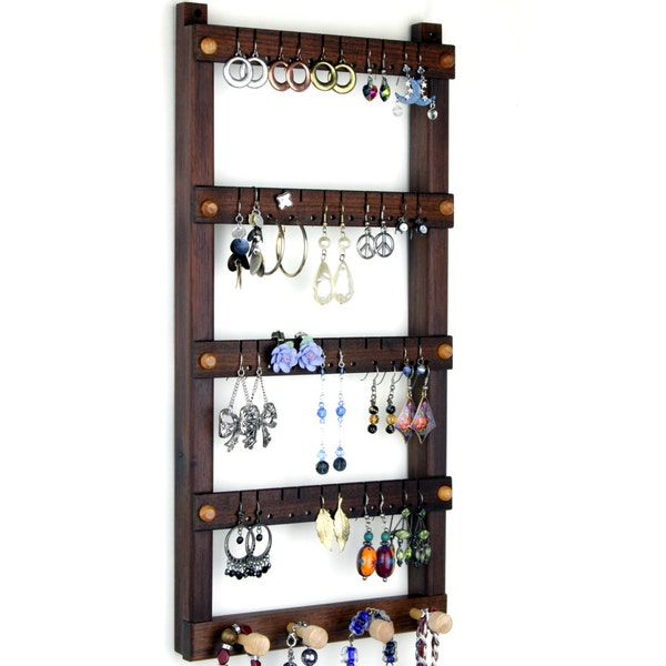 Wall Mount Earring Orgainzer - Jewelry Holder, Peruvian Walnut, Black, Wooden, Necklace Holder. Holds 40 pairs, 4 pegs, Jewelry Display