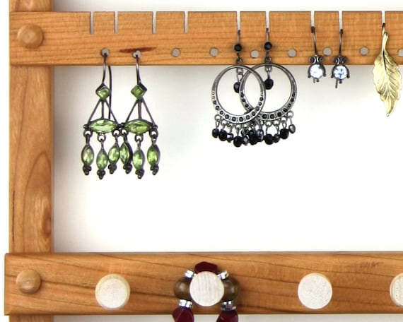 Jewelry Organizer Peruvian Walnut Earring Holder, Wall Mount, Wooden, 2  Necklace Bars. 72 Pairs of Earrings, 19 Pegs. Jewelry Holder 
