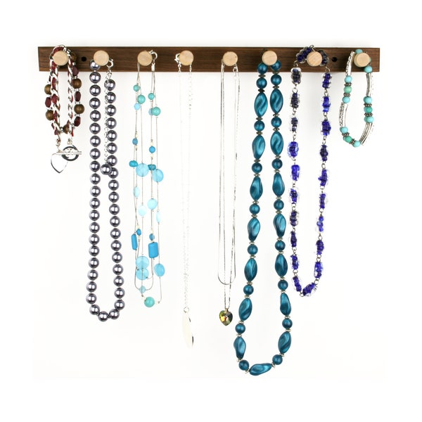 12" Small Peruvian Walnut Necklace Holder Bar| Wall Mount Jewelry Holder Rack | Wood | 8 Pegs | Compact Hanging Jewelry Rack | Bracelet Bar