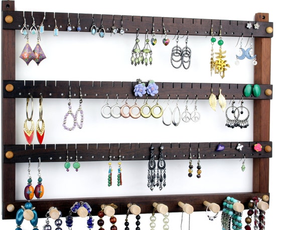 Wall Mount Earring Holder Jewelry Organizer, Peruvian Walnut Jewelry  Display. 72 Pair Hardwood Hanging Earring Display With 10 Pegs 