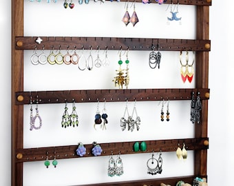 Wooden Peruvian Walnut Wall Mount Jewelry Holder.  Holds 96 Pairs Plus 10 Peg Necklace Rack.  Earring Holder - Earrings Display.